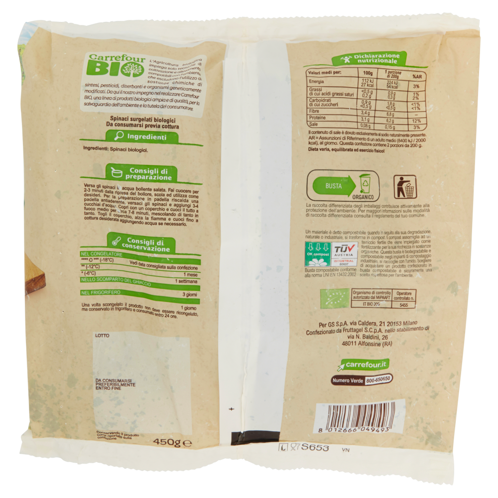 Carrefour Bio Spinaci foglia su foglia surgelati 450 g