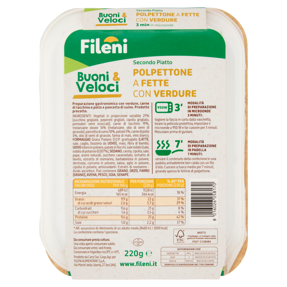 Fileni Buoni & Veloci Secondo Piatto Polpettone a Fette con Verdure 220 g
