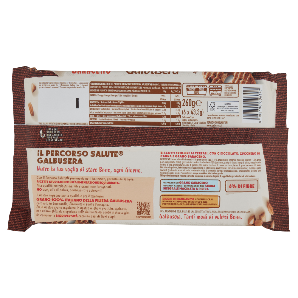 Galbusera Gran Saraceno con Golose Gocce di Cioccolato e Farina Integrale Macinata a Pietra 6x43,3 g