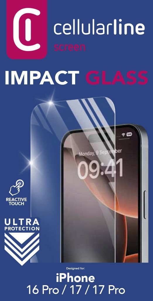 Cellularline Impact Glass - iPhone 16 Pro Vetro temperato sottile, resistente e super sensibile
