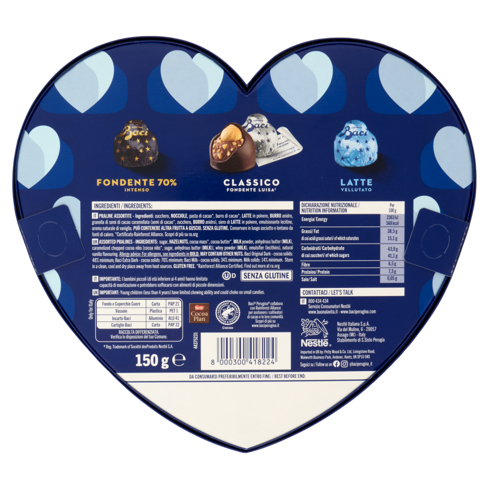 BACI PERUGINA Cioccolatini Assortiti ripieni al Gianduia Scatola Maxi Cuore San Valentino 150g