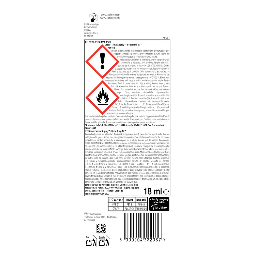 Glade Sense and Spray Ricarica Profumatore per Ambienti con Olii Essenziali e Sensore di Movimento, Fragranza Refreshing Air™, Elimina gli odori degli animali domestici, 18 ml