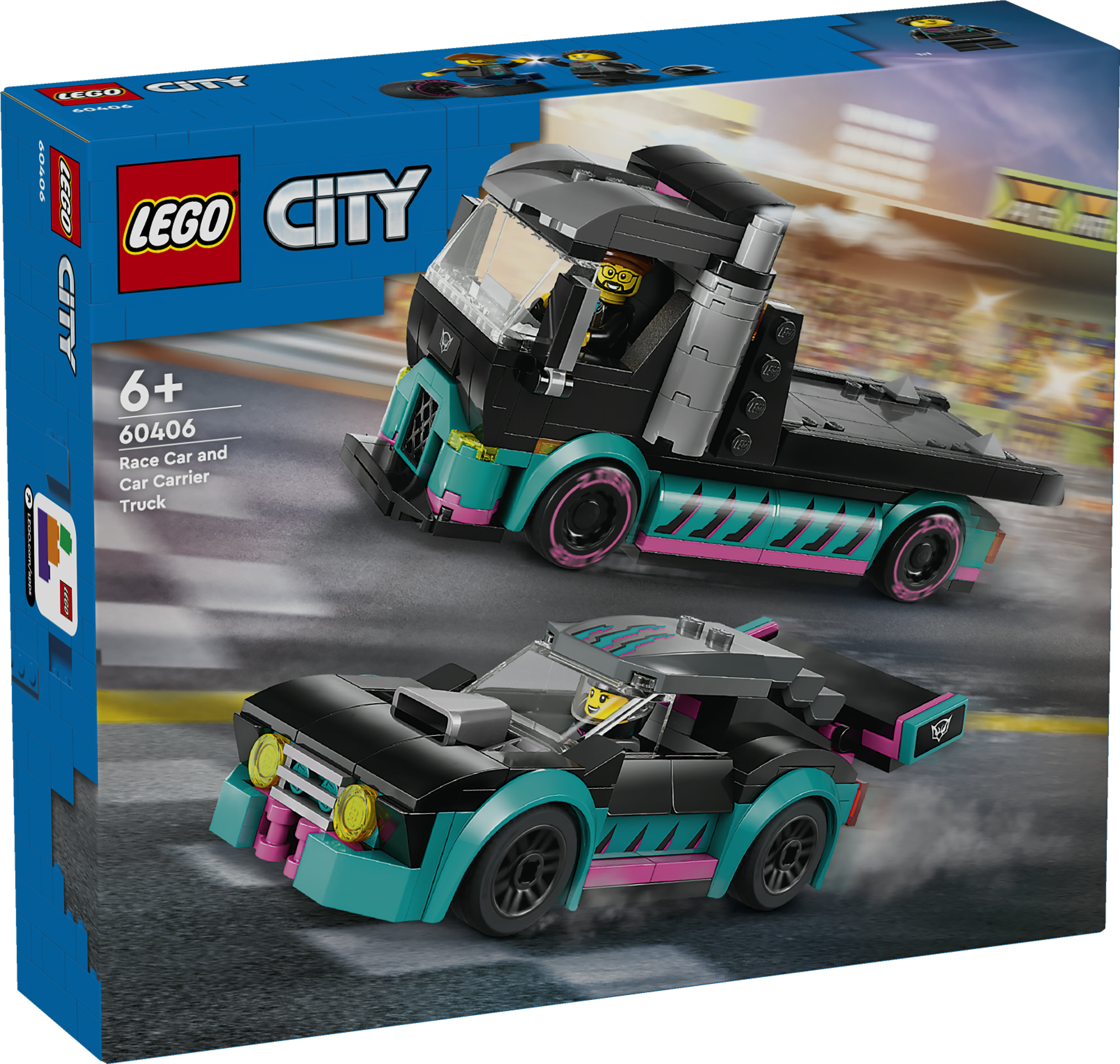 LEGO City 60406 Auto da Corsa e Trasportatore, Macchina e Camion Giocattolo per Bambini di 6+, Veicolo con Rampa Funzionante