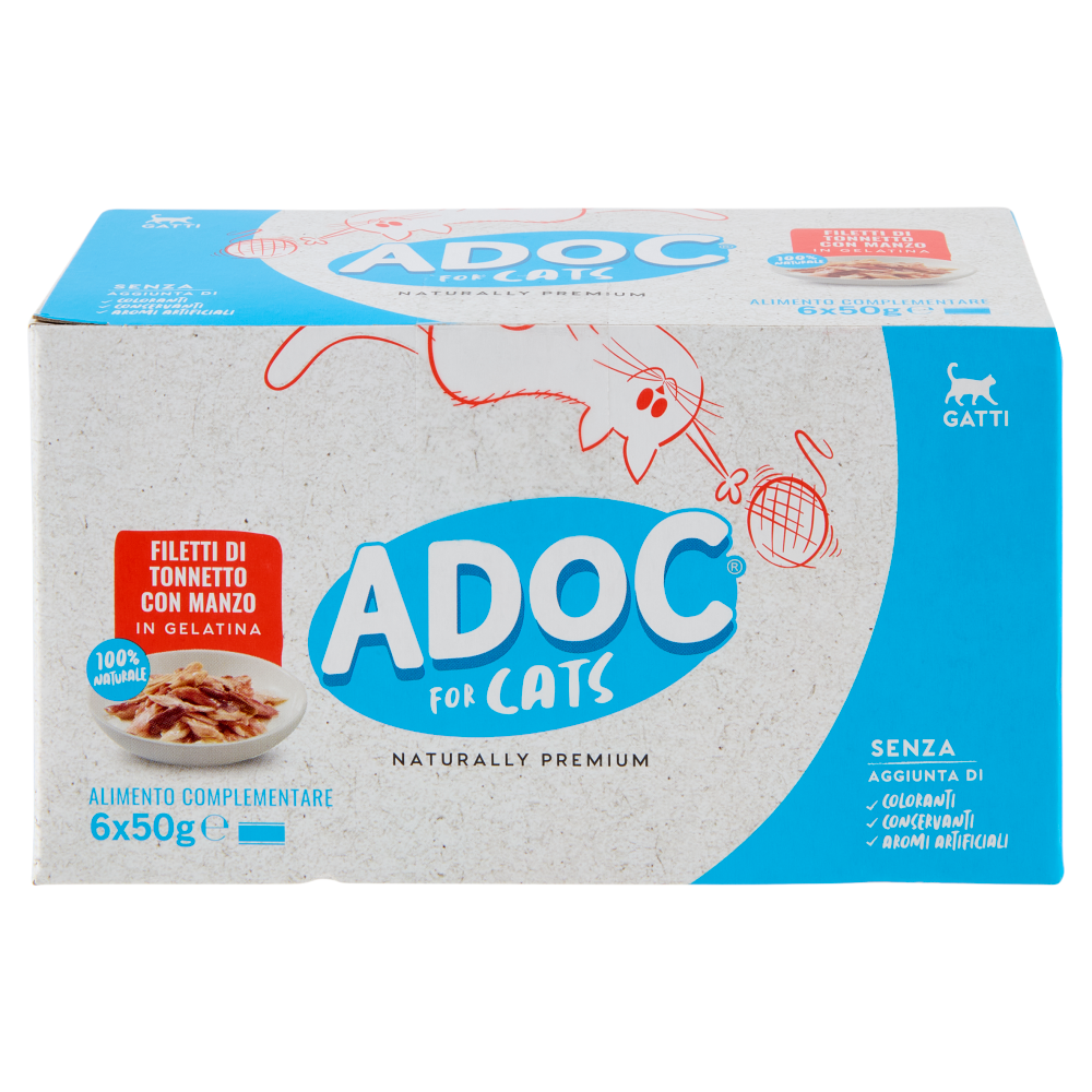 ADoC For Cats Naturally Premium Filetti di Tonnetto con Manzo in Gelatina 6 x 50 g