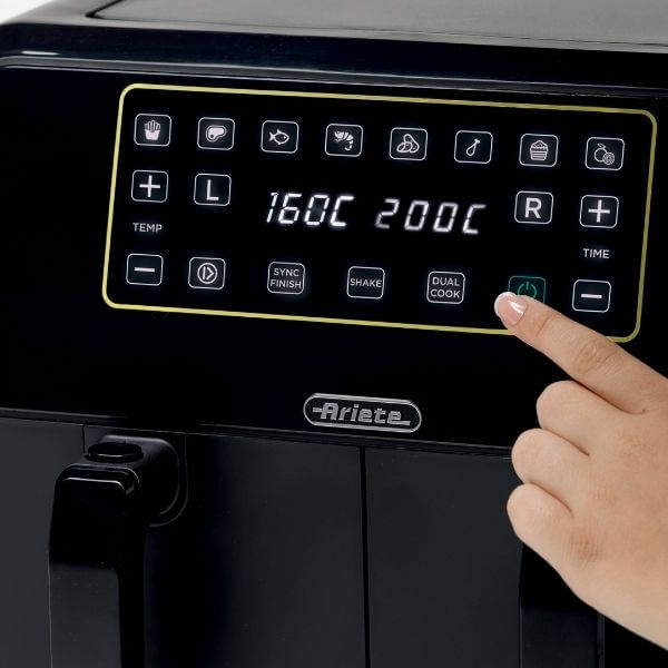 Ariete 4623 Airy Fryer Dual, Friggitrice ad aria con doppio cestello, 1700 W, Capacità 8L, 3 Funzioni di cottura, Pannello digitale LED Touch, 8 programmi preimpostati, Timer, 2 cestelli, Nero