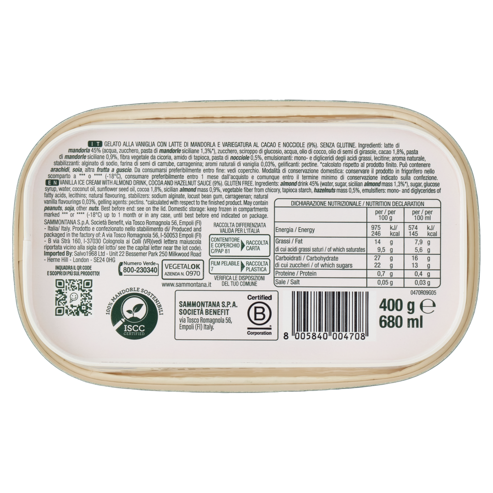 Sammontana Amando Gelato alla Vaniglia, Variegato al Cacao e Nocciola 400 g