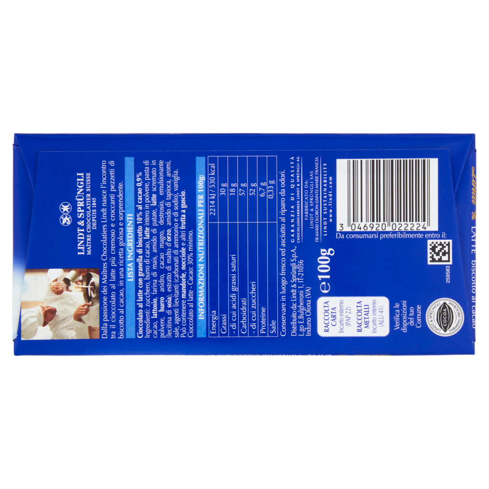 Lindt Gamme Bleue Tavoletta Biscotto al cacao 100 g