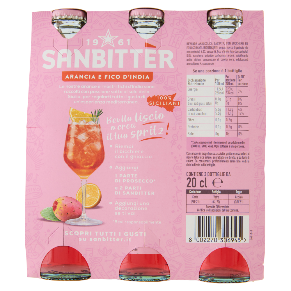 Sanbittèr, Arancia e Fico d'India, Aperitivo Analcolico - 3 x 200ml