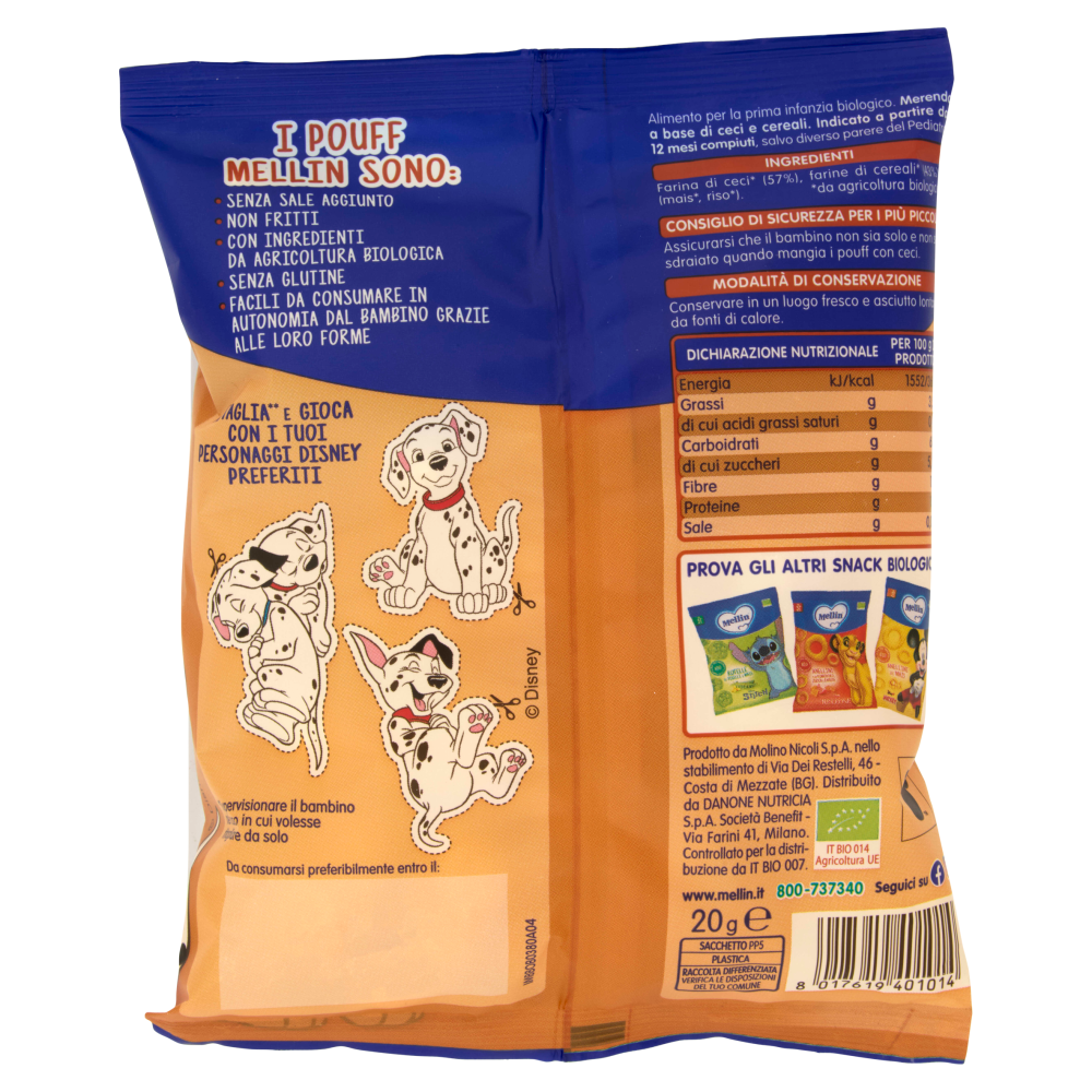 MELLIN Pouff con Ceci, Disney LaCaricaDei101, Snack Biologico, Senza Glutine, adatto dai 12 mesi 20g