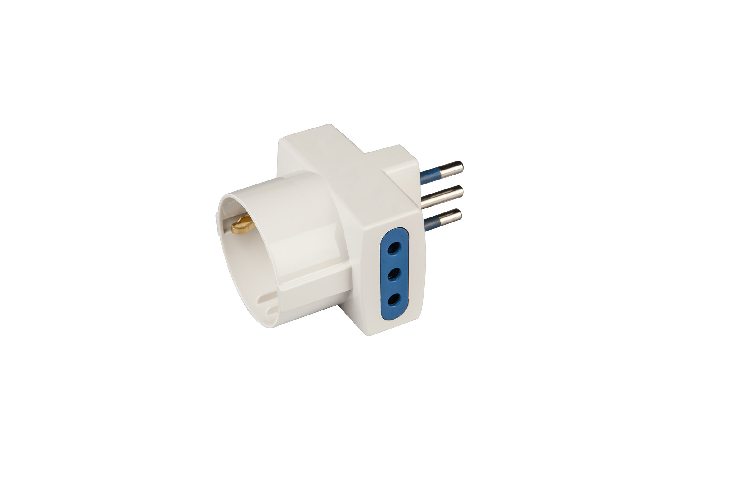 Carrefour Adattatore pluristandard con spina 10A 2P+T, 2 prese 10A 2P+T e 1 presa 10-16A 2P+T(standard italiano 10A e tedesco 16A con terra laterale), IMQ, CE