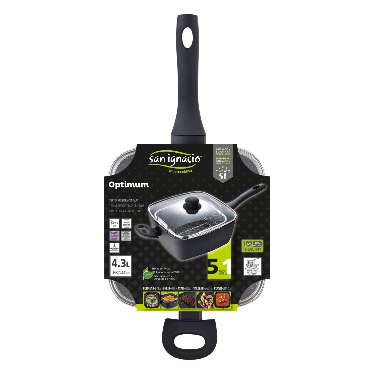 San Ignacio Optimum Padella Quadrata con Coperchio 24x24x9,5 cm