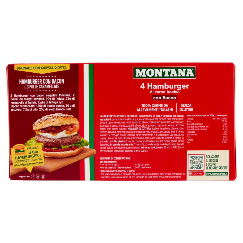 Montana 4 Hamburger di carne bovina con Bacon Surgelati 4 x 100 g