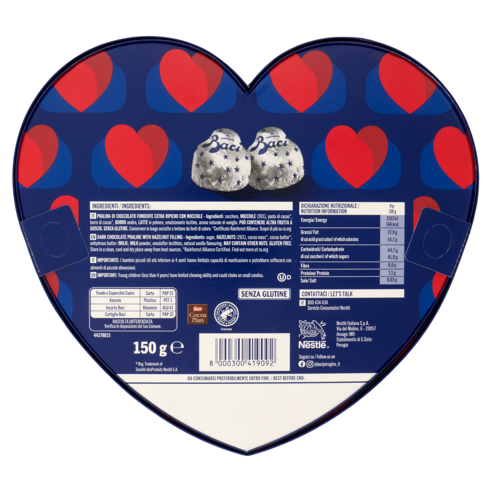 BACI PERUGINA Classico Cioccolatini Fondenti ripieni al Gianduia Scatola Cuore San Valentino 150g