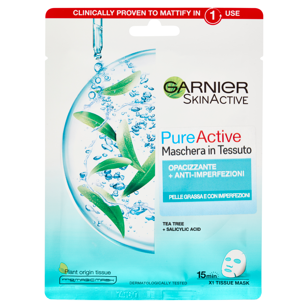 Garnier Pure Active, Maschera in Tessuto, Arricchita con Acido Salicilico