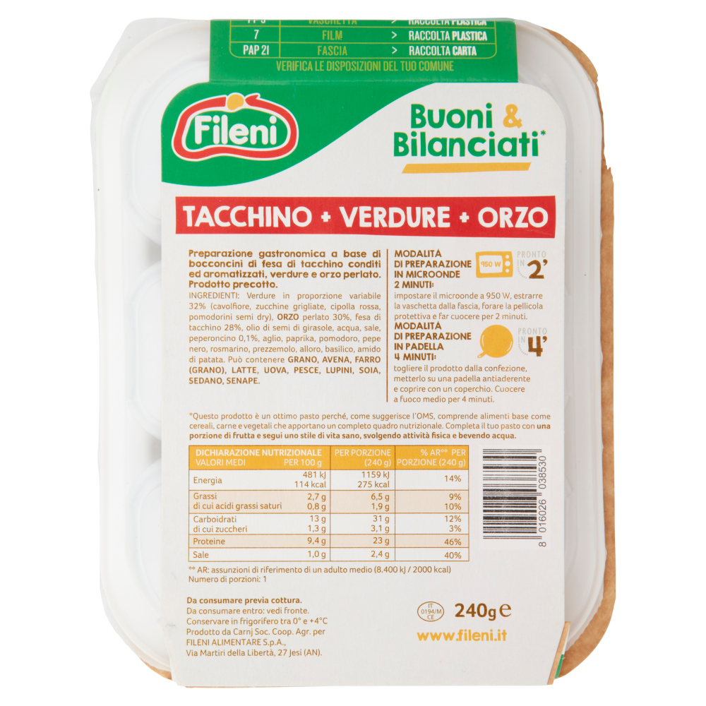 Fileni Buoni & Bilanciati* Tacchino Piccante Poker di Verdure Orzo 240 g