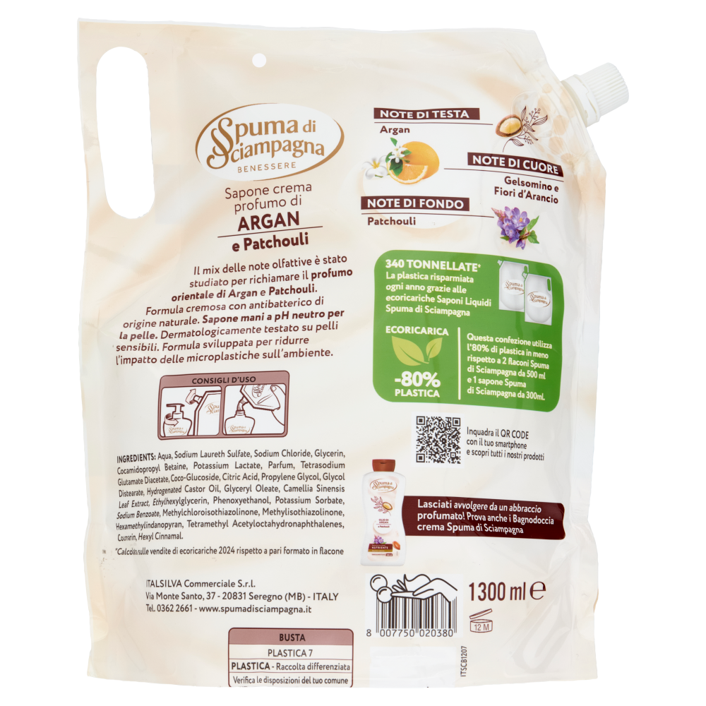 Spuma di Sciampagna Benessere Sapone crema Argan e Patchouli Ecoricarica 1300 ml
