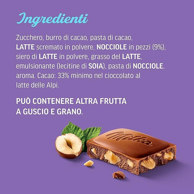 Milka Nocciola, Tavoletta di Cioccolato al Latte con Nocciole Spezzate, Latte 100% Alpino, Cacao Sostenibile Tavoletta 90 g
