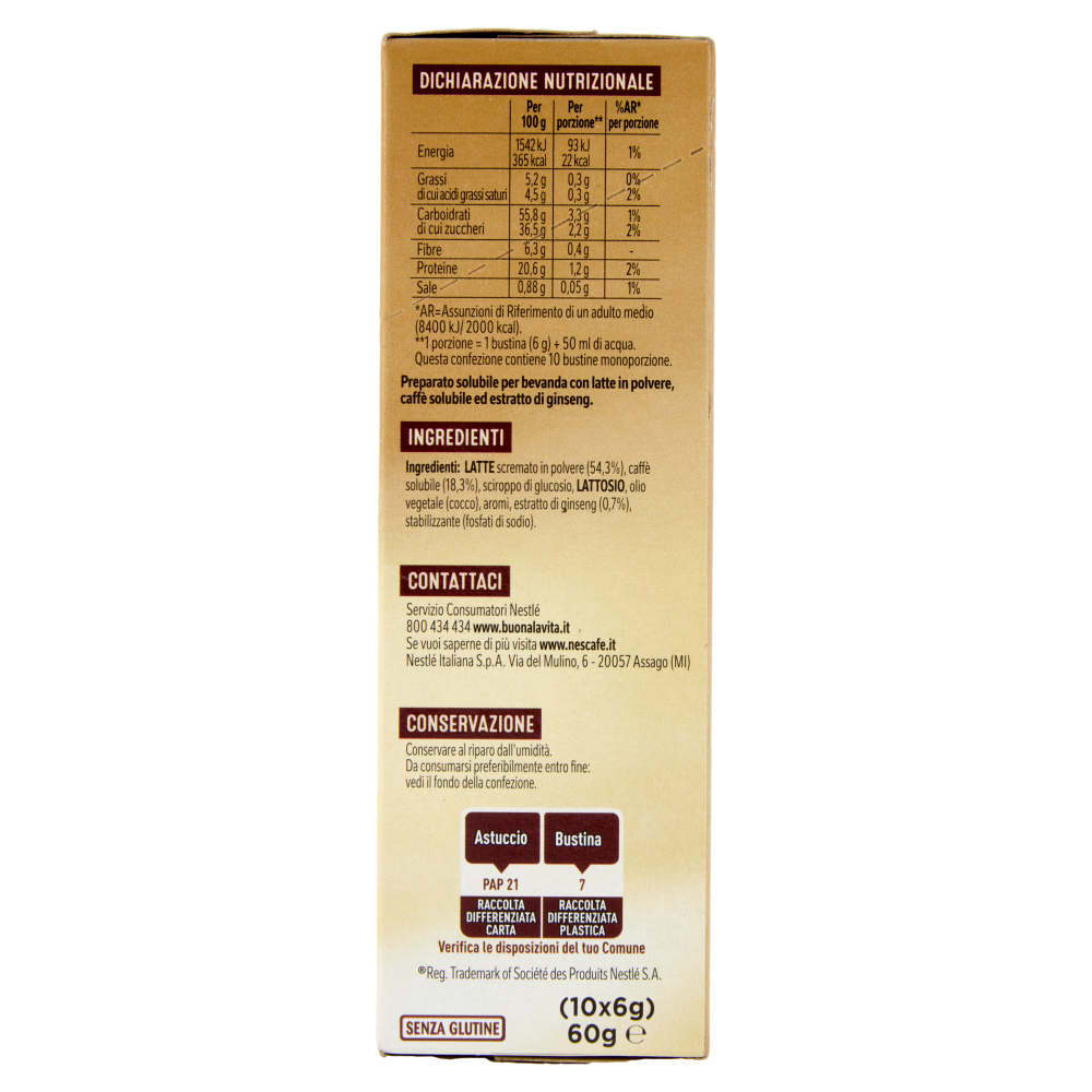 NESCAFÉ Ginseng da Zuccherare Caffè Solubile con Ginseng 10 Bustine 60g
