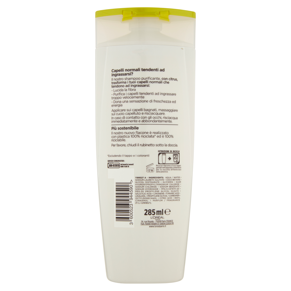 L'Or&eacute;al Paris Shampoo Elvive Energizzante Citrus, Per Capelli da Normali a Grassi, 285 ml