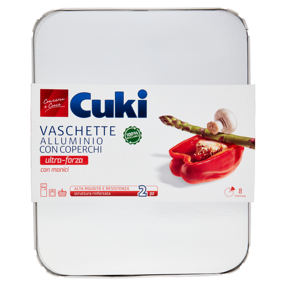 Cuki Conserva e Cuoce Vaschette Alluminio con Coperchi ultra-forza con manici 8 Porzioni 2 pz