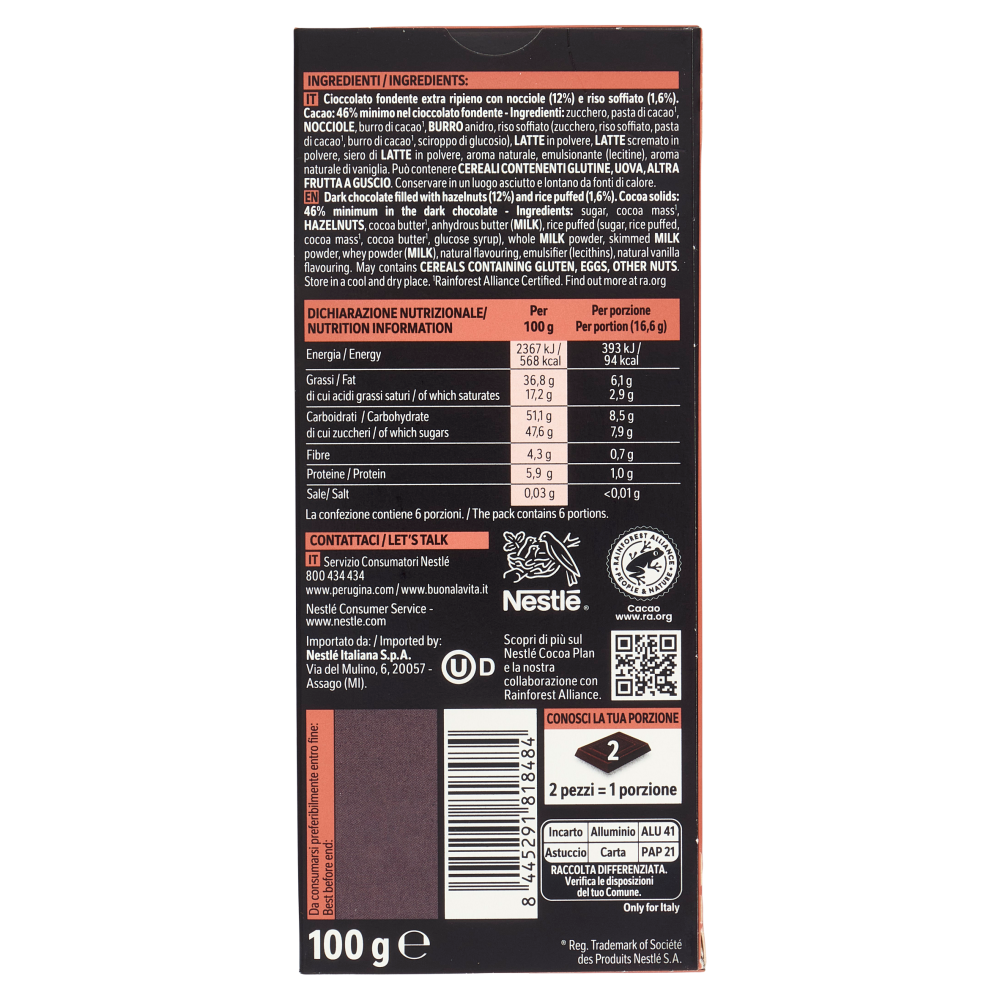 PERUGINA NERO Pralinato Nocciola Tavoletta Cioccolato Fondente Ripiena 100g