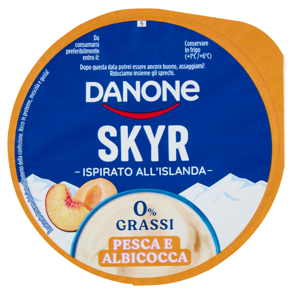 DANONE Skyr, Yogurt ispirato all'Islanda, 0% grassi,Cremoso,Ricco in Proteine, Pesca&Albicocca, 150g