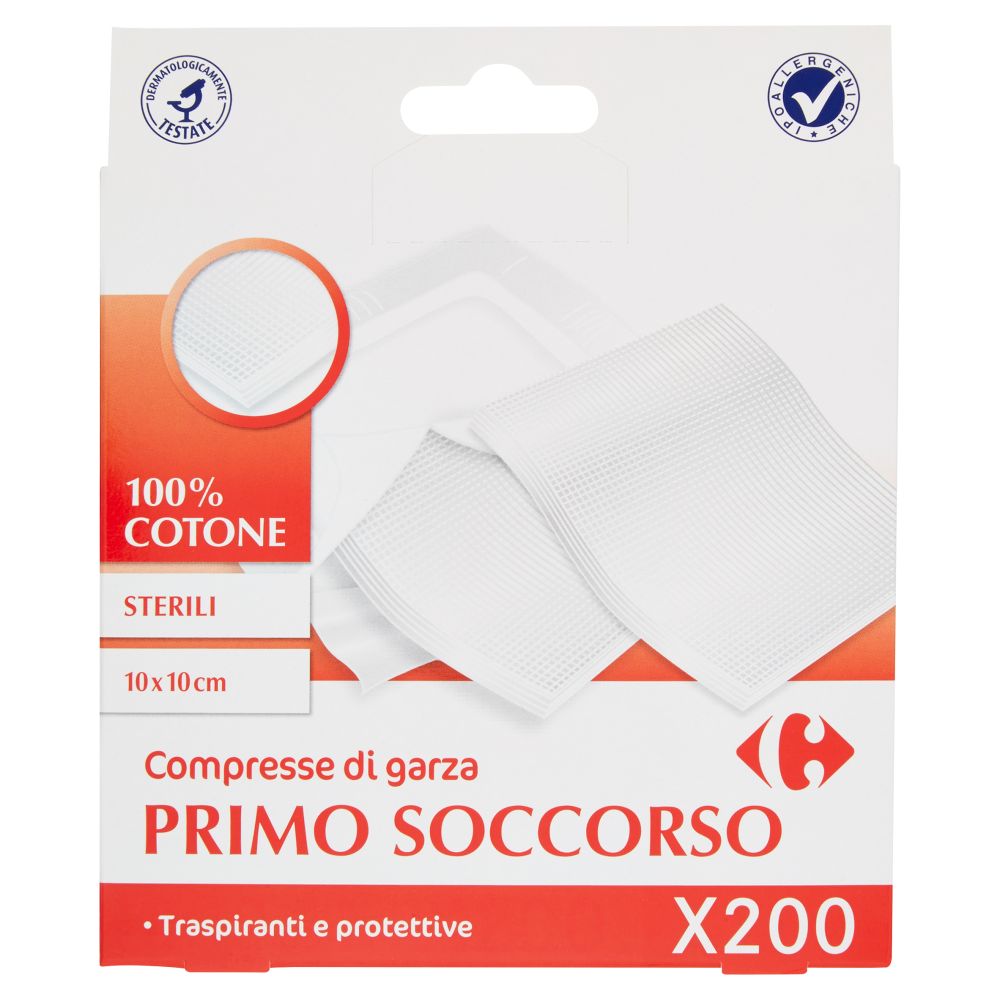 Carrefour Primo Soccorso Compresse di garza Sterili 10x10 cm 200 pz