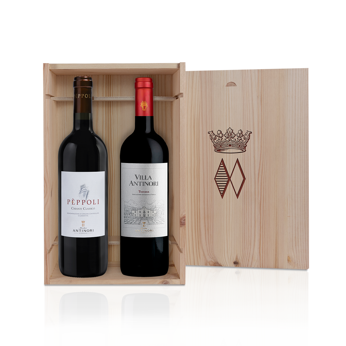 Cassetta in legno 2 bottiglie: Pèppoli Chianti Classico DOCG 75cl - Villa Antinori Rosso Toscana IGT 75cl
