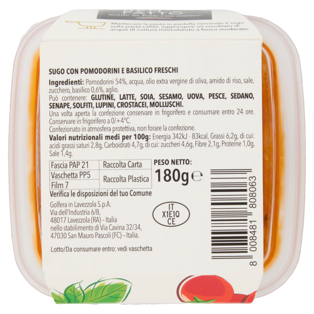 Golfera Ben Fatto Sugo Pomodorini e Basilico freschi 180 g