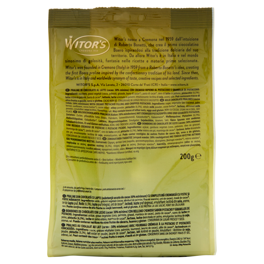 Witor's Golden Pistacchio Cioccolato al Latte con Crema e Granella di Pistacchio 200 g