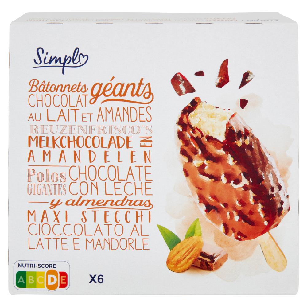 Simpl 6 Maxi Stecchi Cioccolato al Latte e Mandorle 6 pezzi 492 g