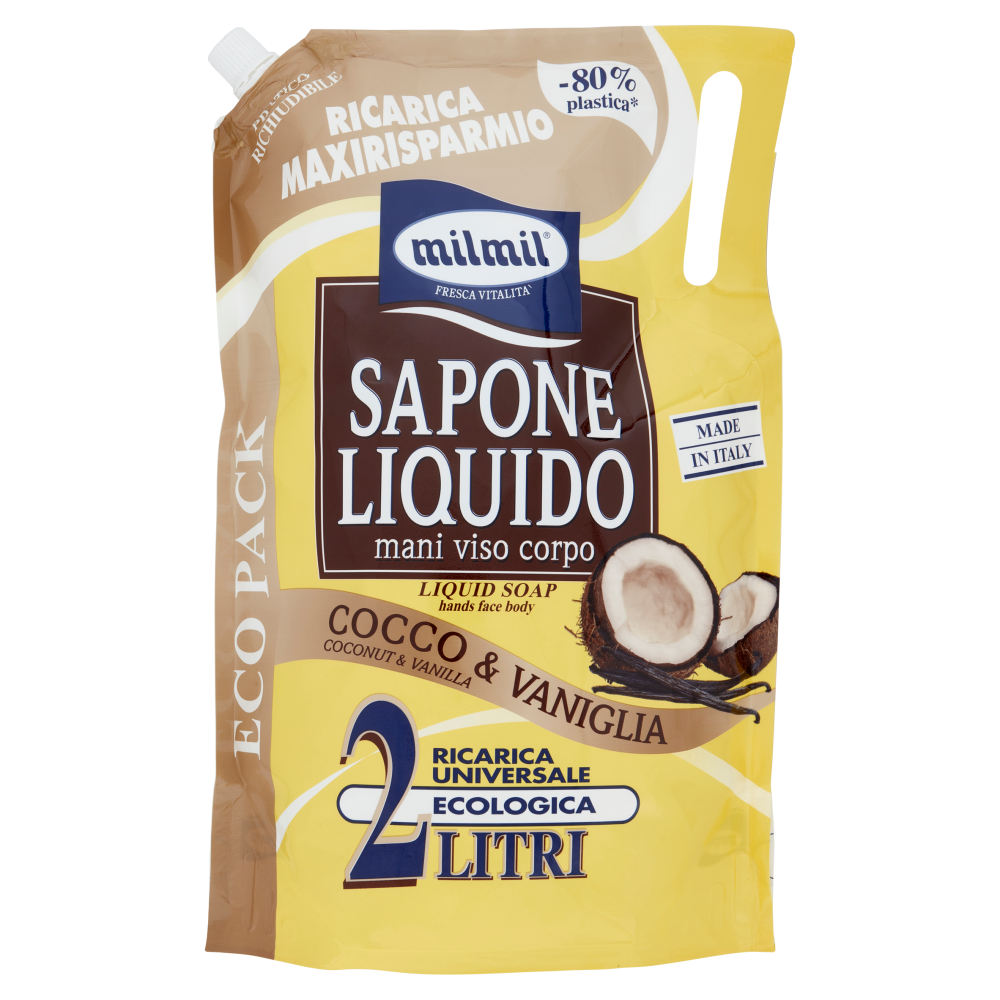milmil Sapone Liquido Cocco & Vaniglia Ricarica Universale Ecologica 2 Litri