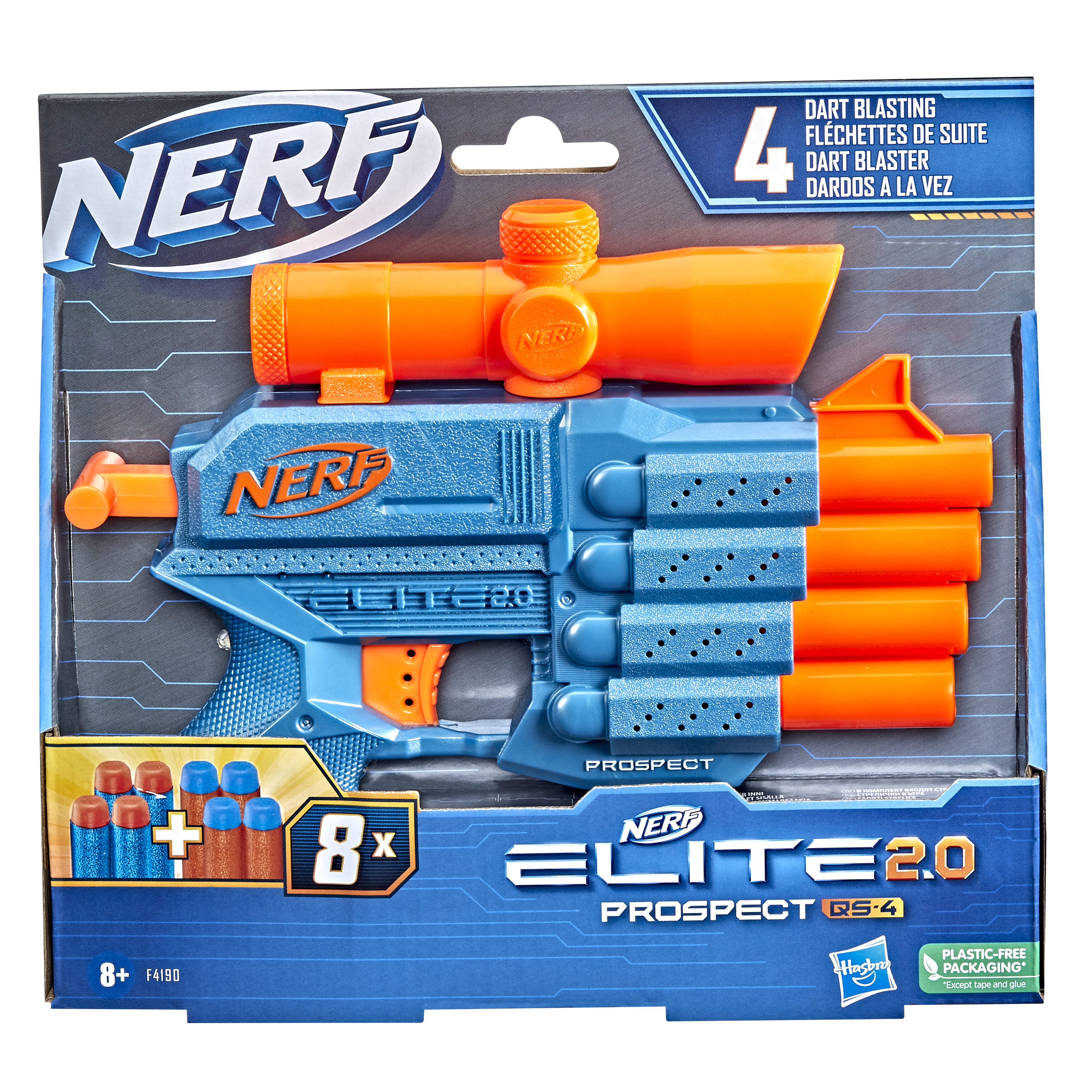 Nerf Elite 2.0 Prospect QS-4, blaster con 8 dardi originali Elite, pu&ograve; contenere fino a 4 dardi, mirino telescopico fisso