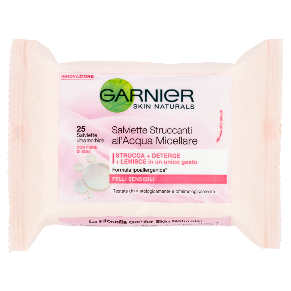 Garnier Skin Naturals Salviette struccanti all'acqua micellare pelli sensibili 25 salviette