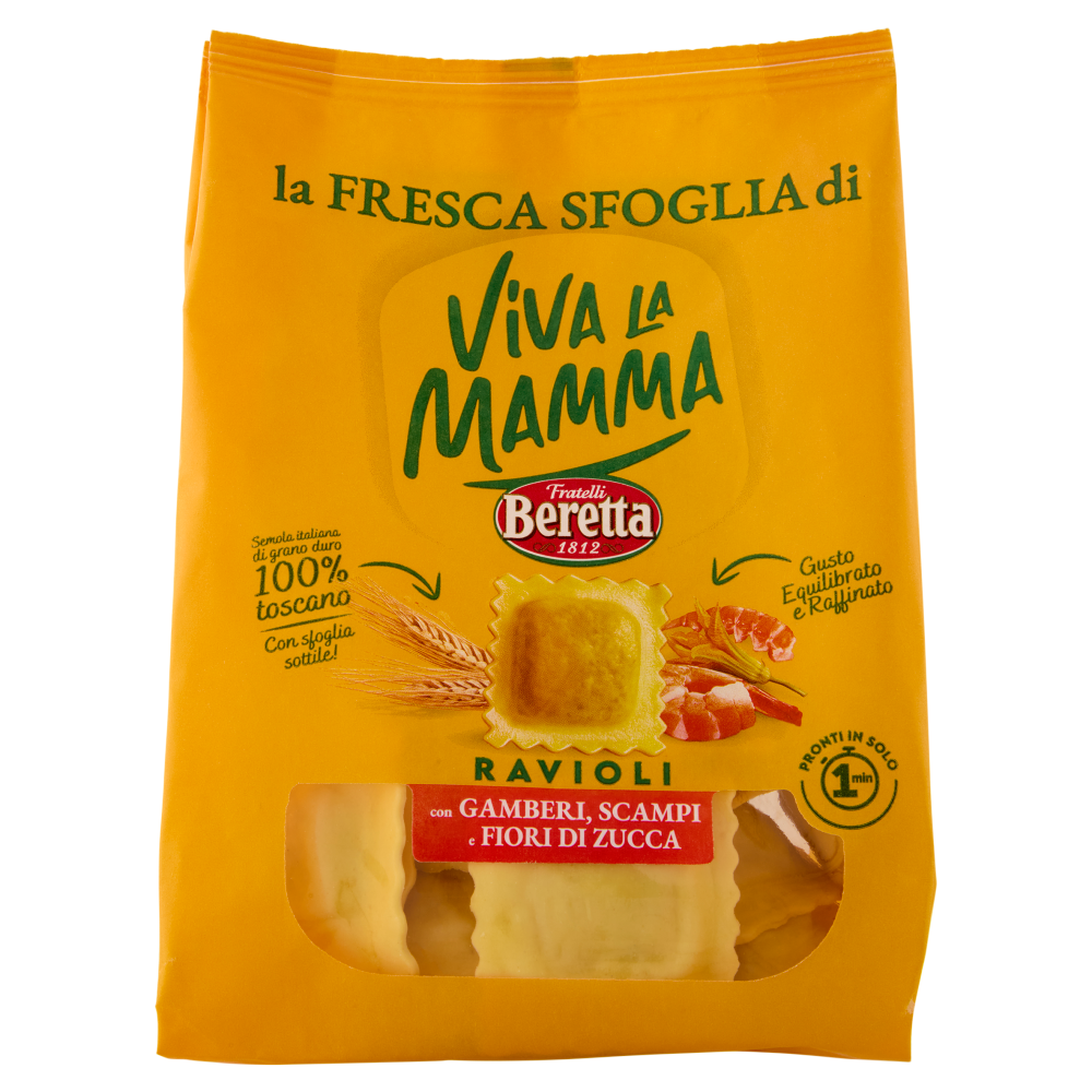 Viva la Mamma la Fresca Sfoglia di Ravioli con Gamberi, Scampi e Fiori di Zucca 200 g
