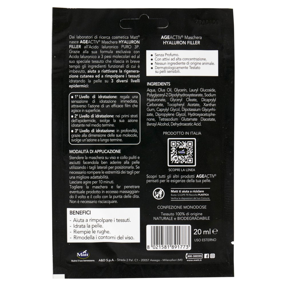 Matt Age Activ Hyaluron Filler Maschera in Tessuto Viso e Collo Acido Ialuronico Puro 3P 20 ml
