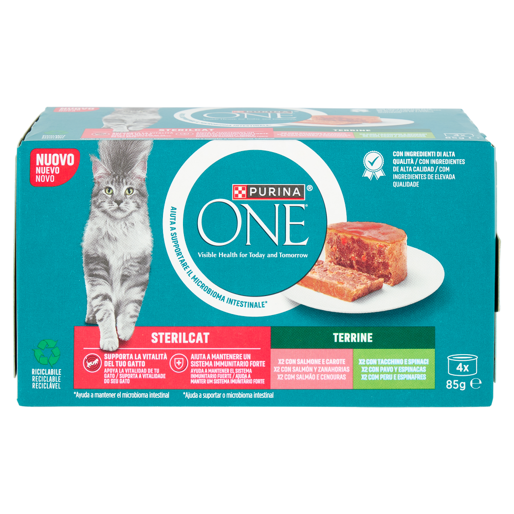 PURINA ONE Sterilcat Terrine Salmone e Carote, Tacchino e Spinaci 4 x 85g