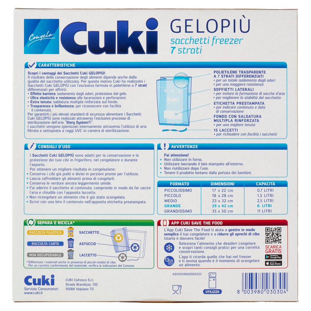 Cuki Congela Gelopiù sacchetti freezer 7 strati Formato Grande 29 x 42 cm 15 pz