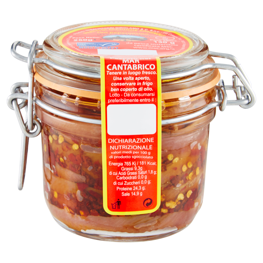 Marca Vaticano Filetti di Acciughe Spagnole in olio di oliva con peperoncino 250 g