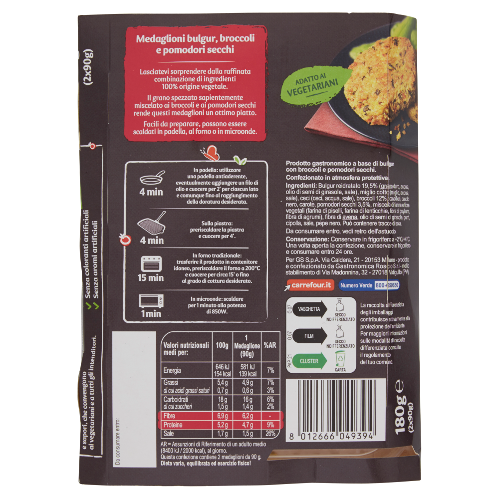 Carrefour Veg Medaglioni Bulgur, broccoli e pomodori secchi 2 x 90 g