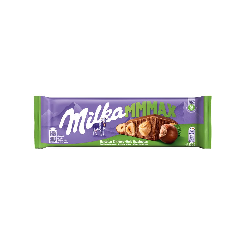 Milka MMMAX Nocciolato, Tavoletta di Cioccolato al Latte con Nocciole Intere, Latte 100% Alpino, Cacao Sostenibile - 250 g