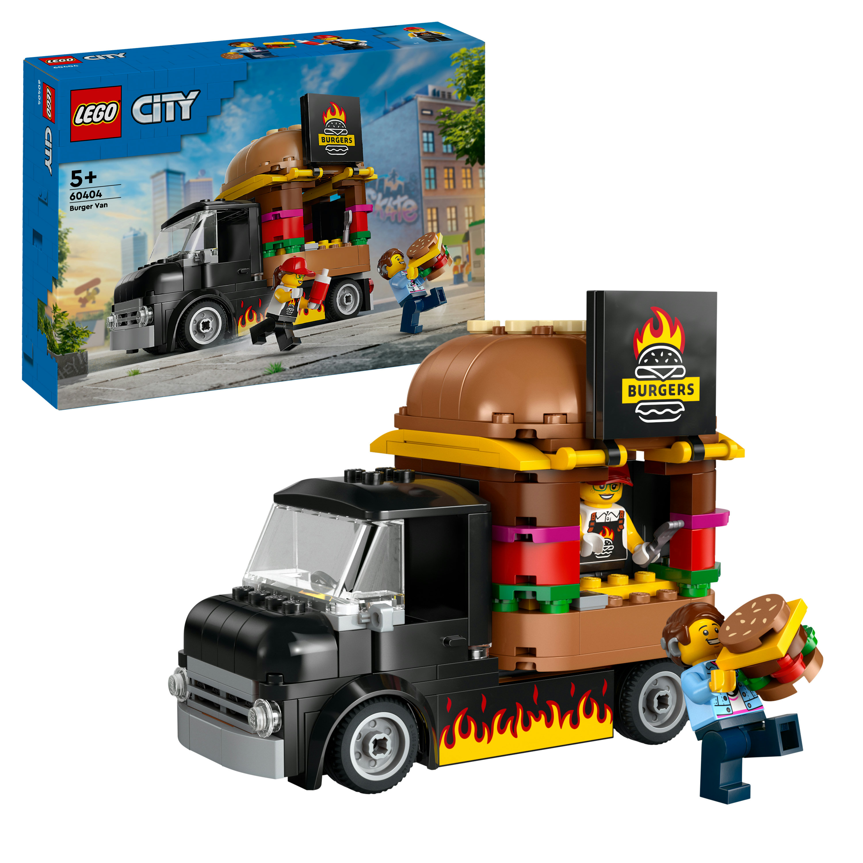 LEGO City 60404 Furgone degli Hamburger Giocattolo, Veicolo per Bambini da 5+, Camion Food Truck con Accessori e 2 Minifigure
