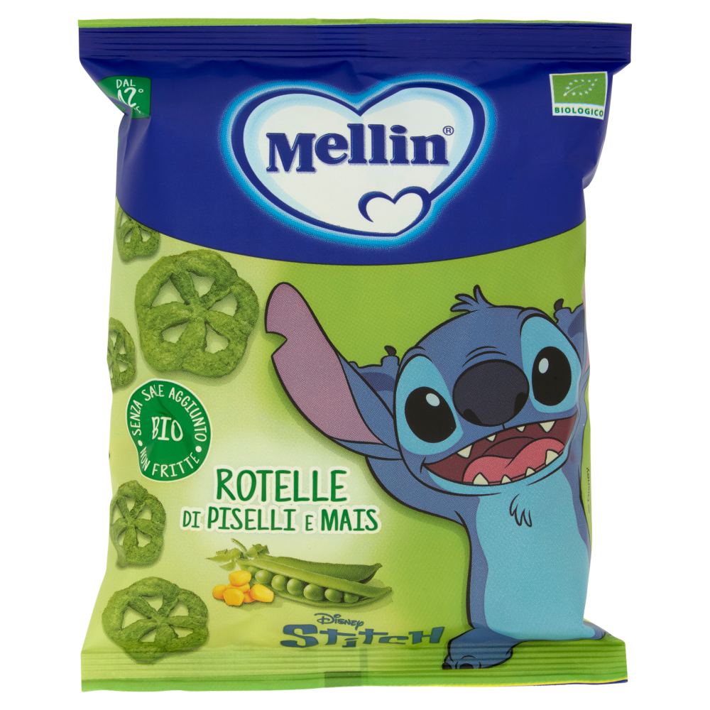 MELLIN Rotelle di Piselli&Mais Disney Stitch, Snack Biologico, Senza Glutine, adatto dai 12 mesi 20g