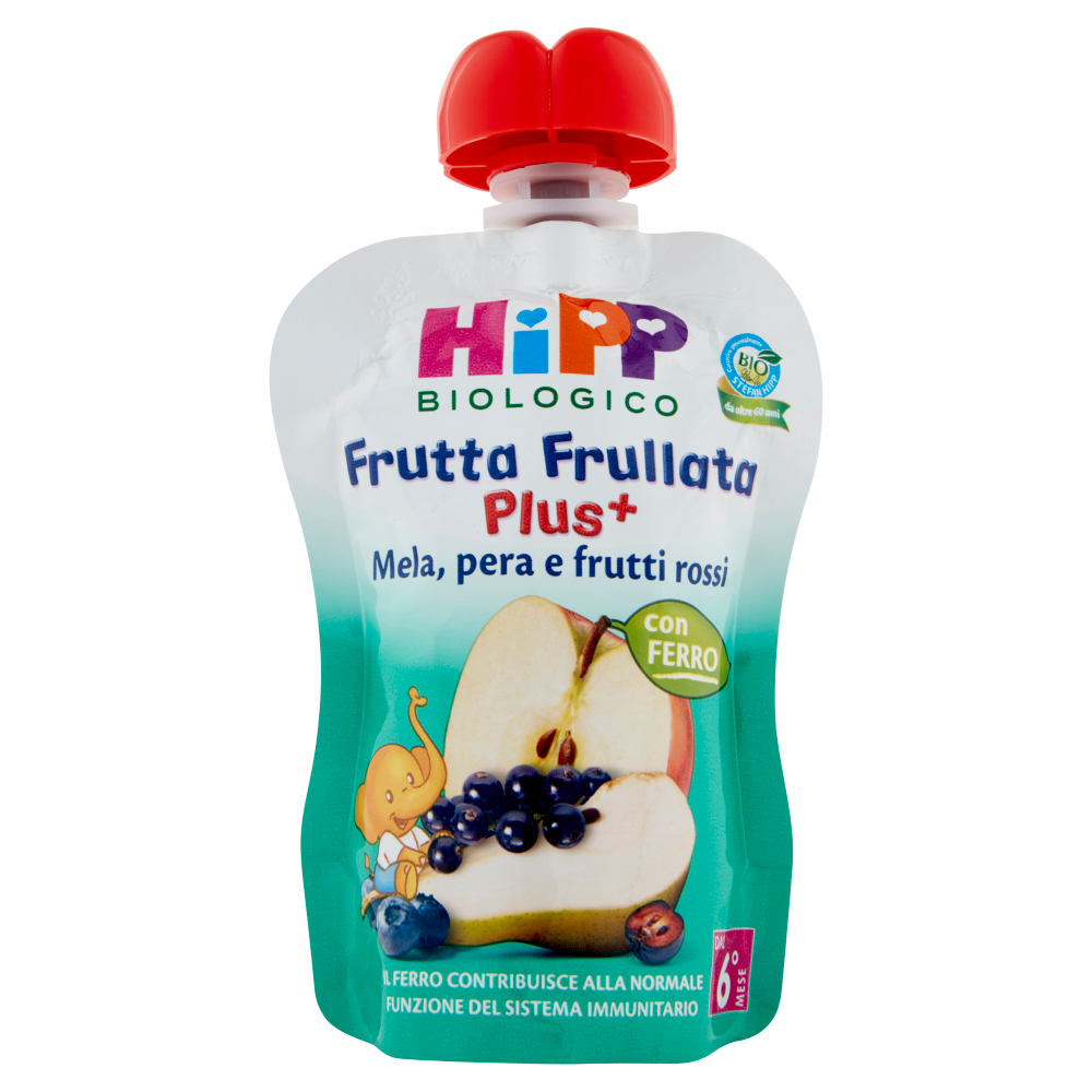 HiPP Biologico Frutta Frullata Plus⁺ Mela, pera e frutti rossi con ferro 90 g