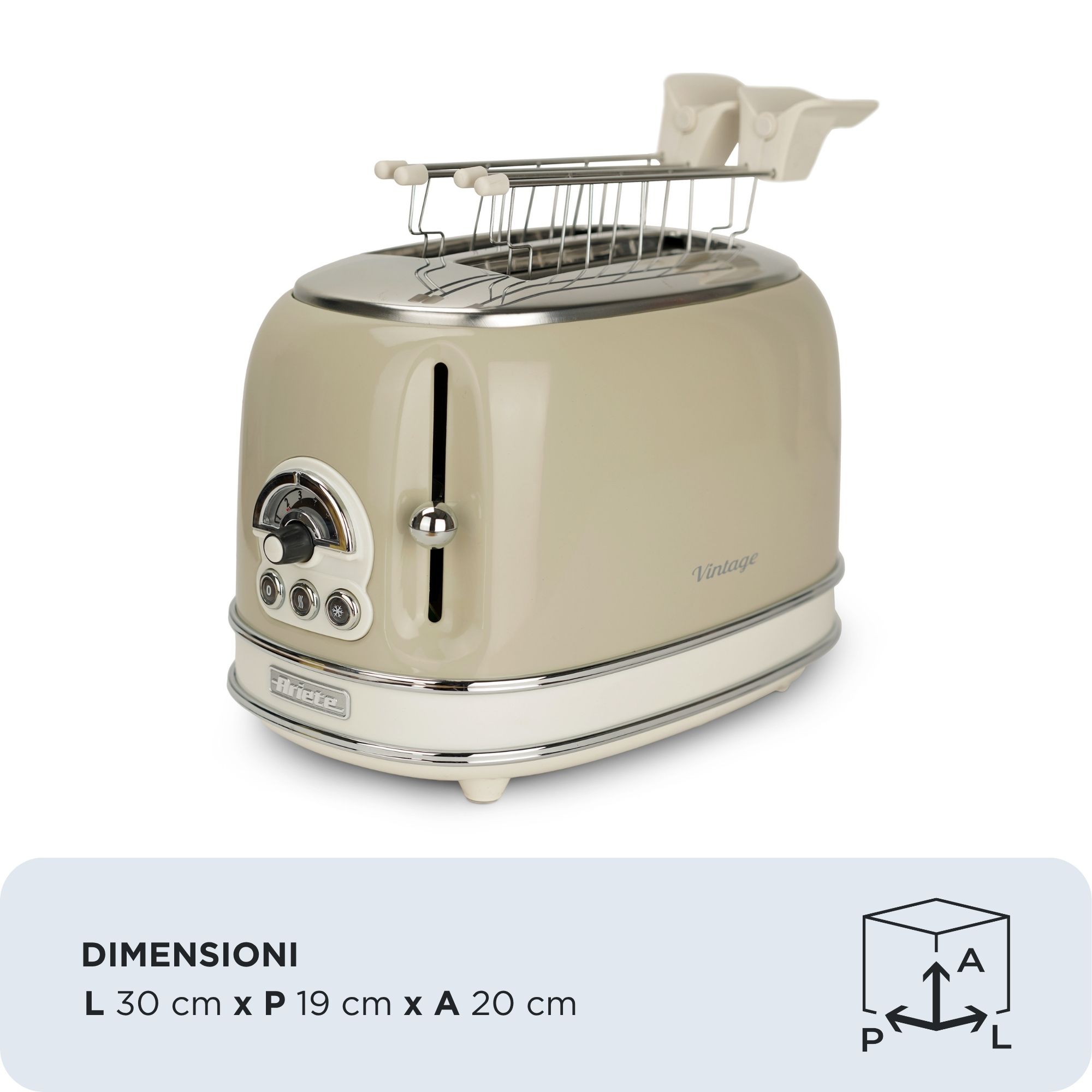 Ariete 155 Tostapane Vintage 2 fette di pane - con pinze - 6 livelli di tostatura - 810 Watt- Acciaio Inox - Linea Vintage - Beige