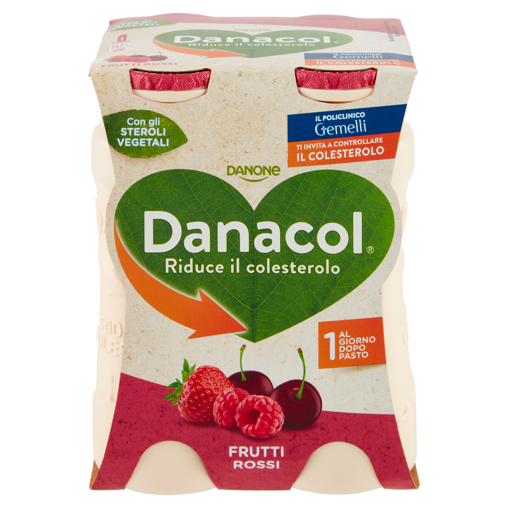 DANACOL Yogurt da bere, Riduce il Colesterolo grazie agli Steroli Vegetali, Frutti Rossi, 4x100g
