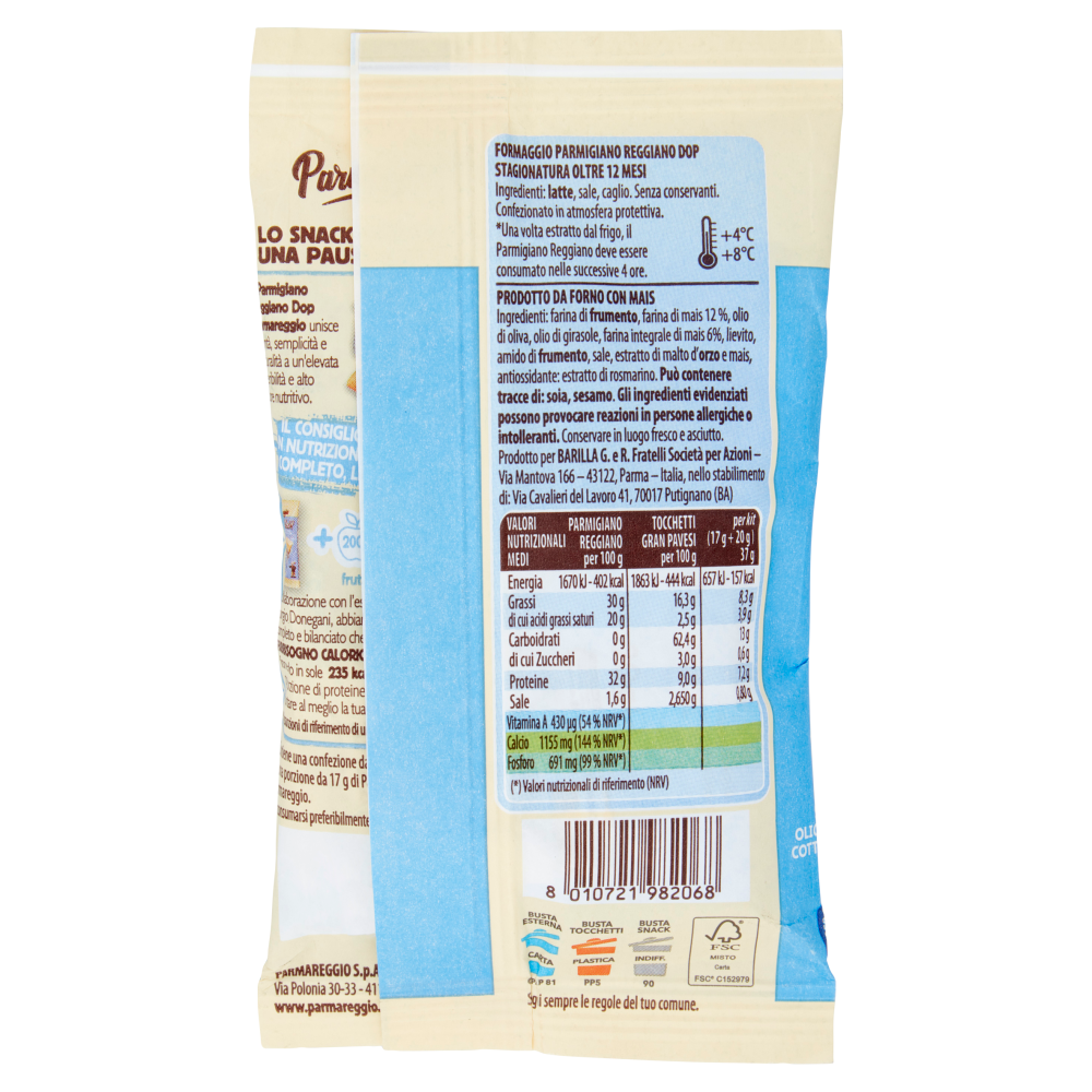 Parmareggio Snack & Vai! Parmigiano Reggiano DOP e Tocchetti al Mais Gran Pavesi 37 g