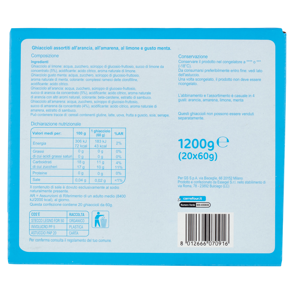 Carrefour Classic Ghiaccioli Assortiti Arancia, Amarena, Limone, Gusto Menta 20 x 60 g