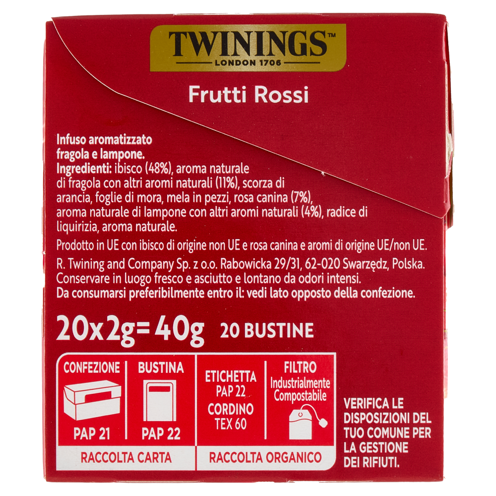 Twinings Frutti Rossi Infuso Sensations alla fragola, lampone, ibisco e rosa canina 20 filtri 40 