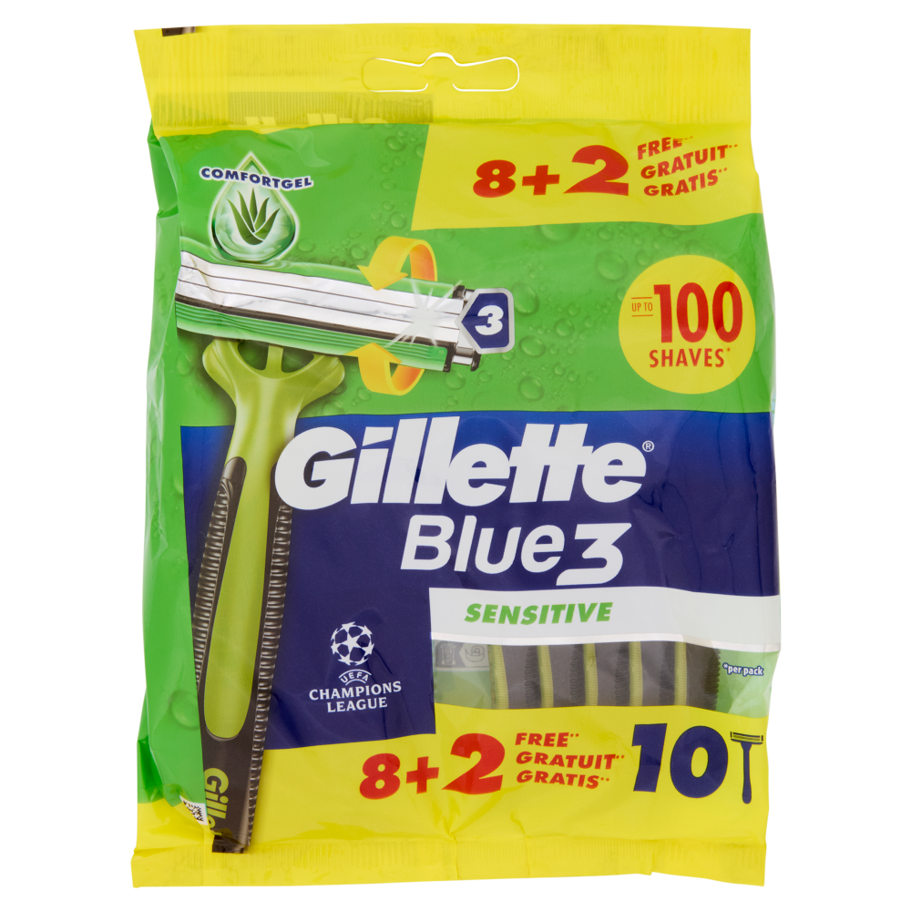 Gillette Blue3 Sensitive Champions League Rasoio Uomo Usa e Getta a 3 Lame 8 Rasoi + 2 = 10 Rasoi
